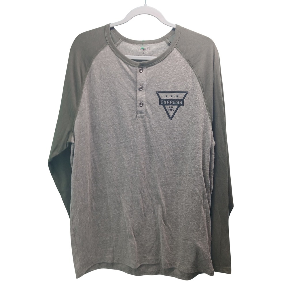 Express Mens XL Henley Shirt Gray Olive Green Long Sleeve Raglan Graphic‎ Logo